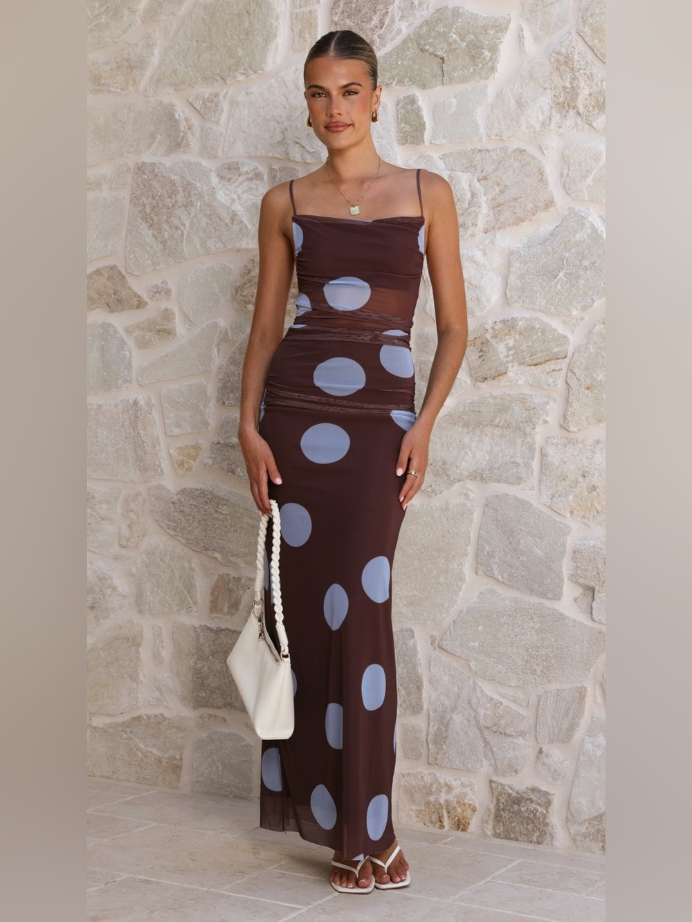 BILLY J LORALEI MESH MAXI DRESS - BROWN / BLUE POLKA DOT size US 12 NEW